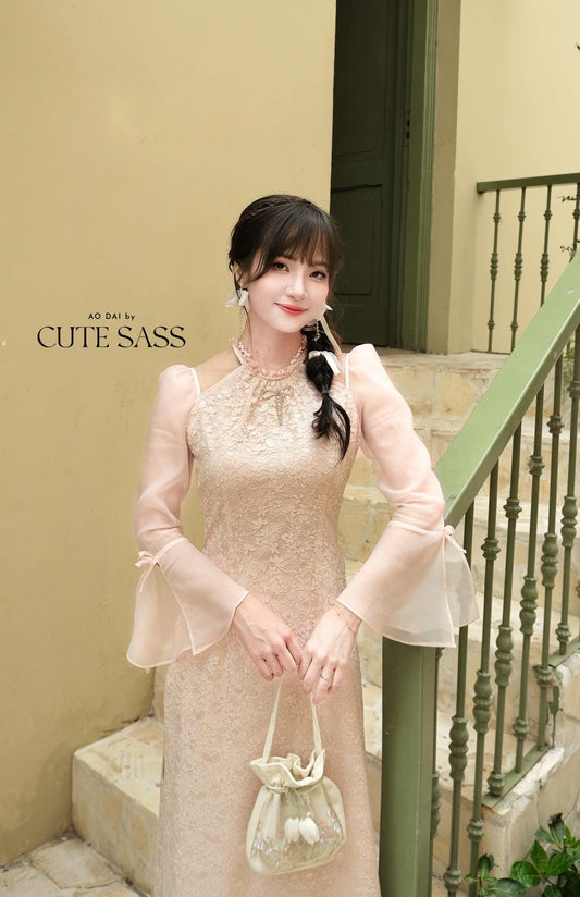 Pink Halter Bow Sleeves Ao Dai Top Only, No Pants|Pre-made Vietnamese Women Ao Dai with Pants | Lunar New Year|Ao Dai Cach Tan AoDaibyCuteSass