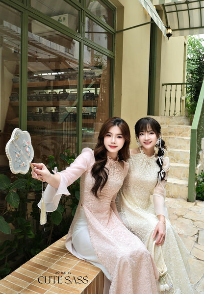 Pink Halter Bow Sleeves Ao Dai Top Only, No Pants|Pre-made Vietnamese Women Ao Dai with Pants | Lunar New Year|Ao Dai Cach Tan AoDaibyCuteSass