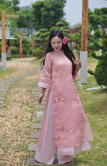 Shifted Pink Embroidery Chiffon with Clover Tassel Ao Dai Top Only, No Pants 8A|Pre-made Vietnamese Ao Dai with Pants | Lunar New Year| AoDaibyCuteSass