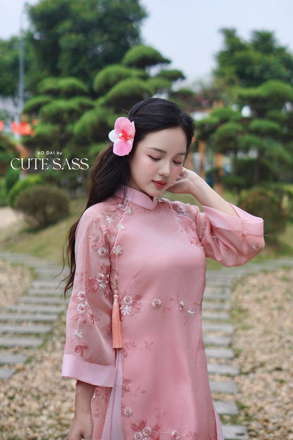 Shifted Pink Embroidery Chiffon with Clover Tassel Ao Dai Top Only, No Pants 8A|Pre-made Vietnamese Ao Dai with Pants | Lunar New Year| AoDaibyCuteSass