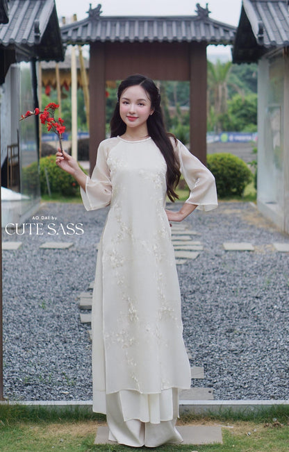 Shifted Cream Embroidery Chiffon with Braided Neckline Ao Dai Top Only, No Pants 4D|Pre-made Vietnamese Ao Dai with Pants | Lunar New Year| AoDaibyCuteSass