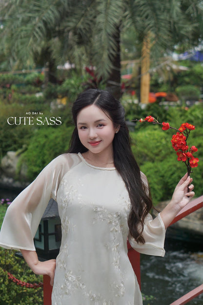 Shifted Cream Embroidery Chiffon with Braided Neckline Ao Dai Top Only, No Pants 4D|Pre-made Vietnamese Ao Dai with Pants | Lunar New Year| AoDaibyCuteSass