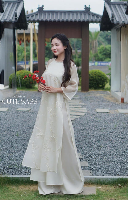Shifted Cream Embroidery Chiffon with Braided Neckline Ao Dai Top Only, No Pants 4D|Pre-made Vietnamese Ao Dai with Pants | Lunar New Year| AoDaibyCuteSass