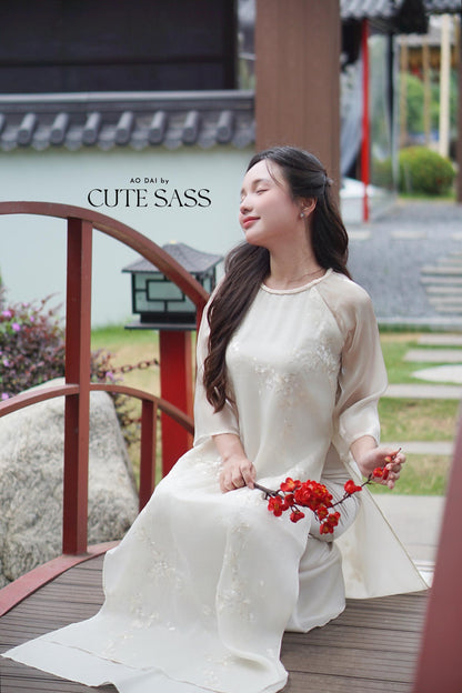 Shifted Cream Embroidery Chiffon with Braided Neckline Ao Dai Top Only, No Pants 4D|Pre-made Vietnamese Ao Dai with Pants | Lunar New Year| AoDaibyCuteSass