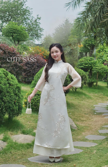 Yen - Silver/Cream Mountain Ao Dai with Skirt 19B| Pre-made Modernized Vietnamese Ao Dai| Lunar New Year AoDaibyCuteSass