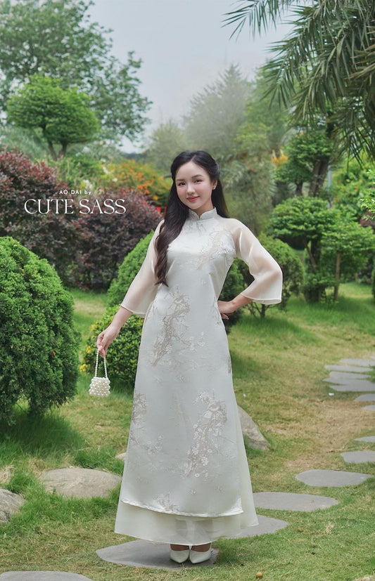 Yen - Silver/Cream Mountain Ao Dai with Skirt 19B| Pre-made Modernized Vietnamese Ao Dai| Lunar New Year AoDaibyCuteSass