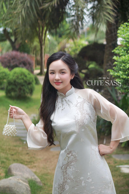 Yen - Silver/Cream Mountain Ao Dai with Skirt 19B| Pre-made Modernized Vietnamese Ao Dai| Lunar New Year AoDaibyCuteSass