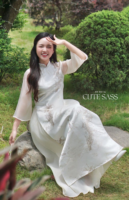 Yen - Silver/Cream Mountain Ao Dai with Skirt 19B| Pre-made Modernized Vietnamese Ao Dai| Lunar New Year AoDaibyCuteSass