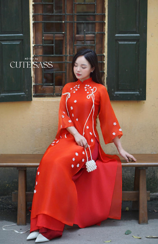 Red with White Flowers Bows Ao Dai Top Only, No Pants 4A|Pre-made Vietnamese Ao Dai with Pants | Lunar New Year| AoDaibyCuteSass
