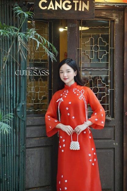 Red with White Flowers Bows Ao Dai Top Only, No Pants 4A|Pre-made Vietnamese Ao Dai with Pants | Lunar New Year| AoDaibyCuteSass