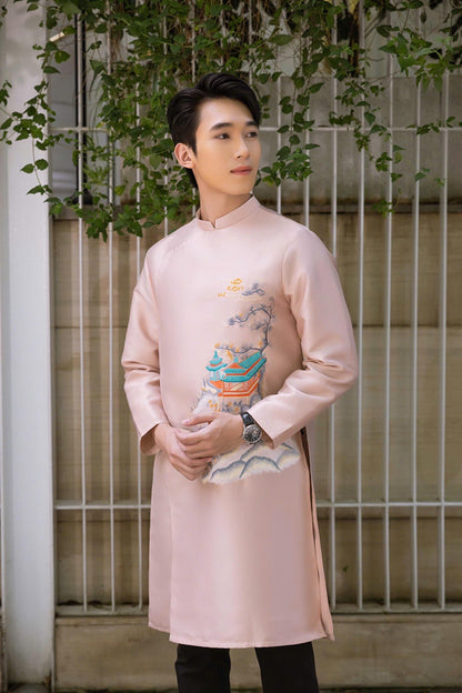 Men Taupe Embroidery Mountain Ao Dai Top 41B| Pre-made Traditional Vietnamese Ao Dai| Lunar New Year | Ao Dai for Dad, Boy | Ao Dai Tet| AoDaibyCuteSass