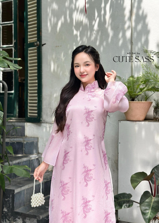 Light Pink Printed Phoenix Ao Dai Set with Hot Pink Pants 20-21C|Pre-made Vietnamese Women Ao Dai with Pants |Lunar New Year|Ao Dai Cach Tan AoDaibyCuteSass