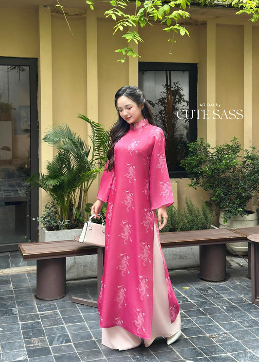 Hot Pink Printed Phoenix Ao Dai Set with Peach Pants 20-21C |Pre-made Vietnamese Women Ao Dai with Pants | Lunar New Year|Ao Dai Cach Tan AoDaibyCuteSass