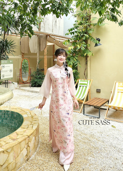 Pink Floral Pearls Ao Dai Set with Cream/Beige Pants 27C|Pre-made Vietnamese Women Ao Dai with Pants | Lunar New Year|Ao Dai Cach Tan AoDaibyCuteSass