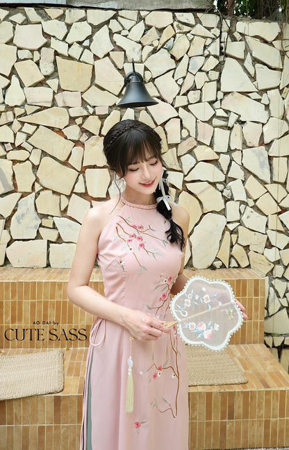 Light Pink Braided Neckline Yem-Inspired Sleeveless Ao Dai Set with Cyan Pants 40A-B|Pre-made Vietnamese Sleeveless Ao Dai| Lunar New Year AoDaibyCuteSass