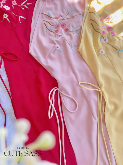 Yellow Braided Neckline Yem-Inspired Sleeveless Ao Dai Set with Cyan Pants 40A-B|Pre-made Vietnamese Sleeveless Ao Dai| Lunar New Year AoDaibyCuteSass