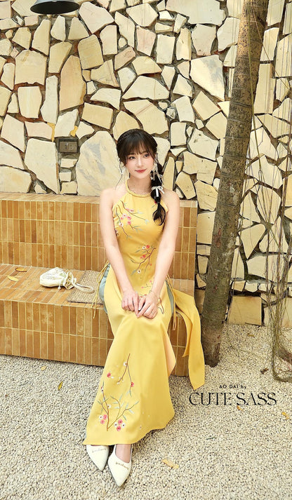Yellow Braided Neckline Yem-Inspired Sleeveless Ao Dai Set with Cyan Pants 40A-B|Pre-made Vietnamese Sleeveless Ao Dai| Lunar New Year AoDaibyCuteSass