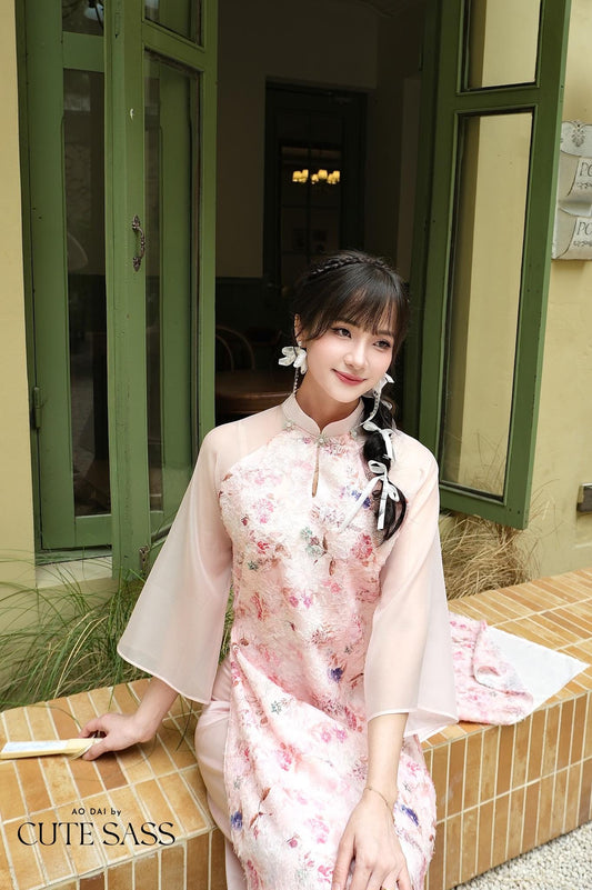 Pink Floral Pearls Ao Dai Set with Cream/Beige Pants 27C|Pre-made Vietnamese Women Ao Dai with Pants | Lunar New Year|Ao Dai Cach Tan AoDaibyCuteSass