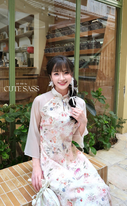 Cream Floral Pearls Ao Dai Set with Light Pink Pants 27C|Pre-made Vietnamese Women Ao Dai with Pants | Lunar New Year|Ao Dai Cach Tan AoDaibyCuteSass