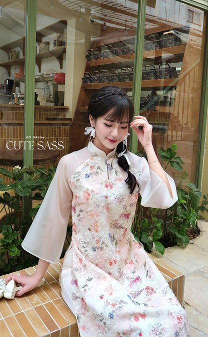 Cream Floral Pearls Ao Dai Set with Light Pink Pants 27C|Pre-made Vietnamese Women Ao Dai with Pants | Lunar New Year|Ao Dai Cach Tan AoDaibyCuteSass