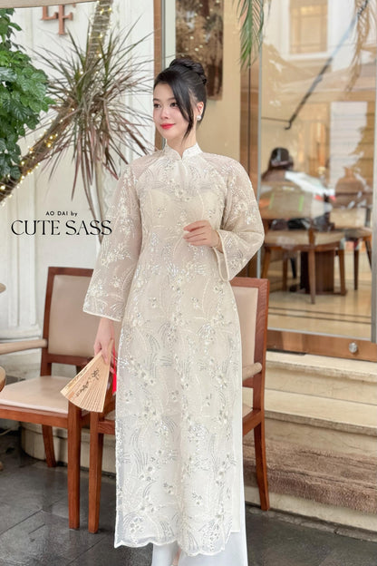 Yen - White Moonbeam Shifted Ao Dai Top Only, No Pants|Pre-made Vietnamese Women Ao Dai with Pants | Lunar New Year|Ao Dai Cach Tan AoDaibyCuteSass