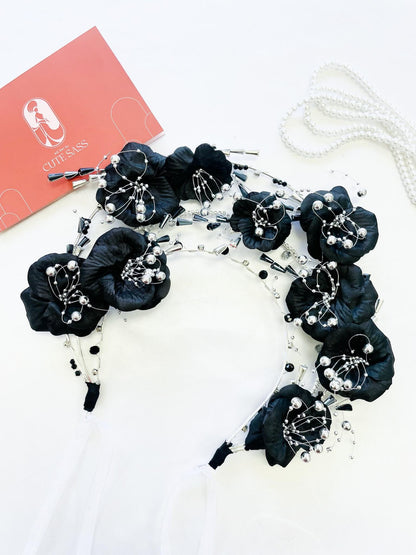 LUNA FLORA Black Florals Head Piece #10 | Vietnamese Ao Dai Accessories | Wedding Ao Dai | Bridal Ao Dai| Tet Lunar New Year Headband AoDaibyCuteSass