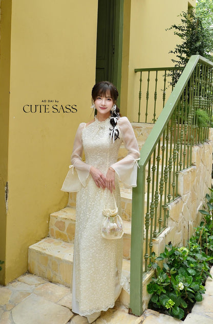 Cream Halter Bow Sleeves Ao Dai Top Only, No Pants|Pre-made Vietnamese Women Ao Dai with Pants | Lunar New Year|Ao Dai Cach Tan AoDaibyCuteSass