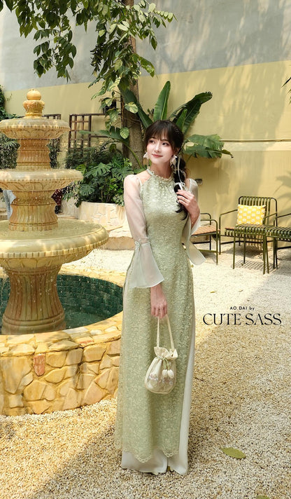 Pastel Green Halter Bow Sleeves Ao Dai Top Only, No Pants|Pre-made Vietnamese Women Ao Dai with Pants | Lunar New Year|Ao Dai Cach Tan AoDaibyCuteSass