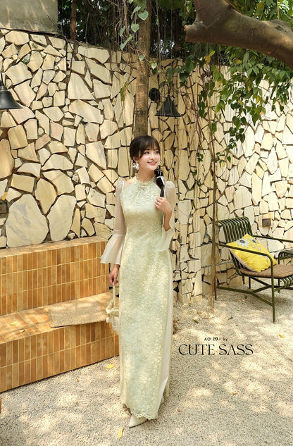 Pastel Green Halter Bow Sleeves Ao Dai Top Only, No Pants|Pre-made Vietnamese Women Ao Dai with Pants | Lunar New Year|Ao Dai Cach Tan AoDaibyCuteSass