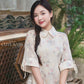 Cream/Beige Peter Pan Collar Floral Ao Dai Top Only, NO PANTS 45D|Pre-made Modernized Vietnamese Ao Dai |Pastel Pink Ao Dai| AoDaibyCuteSass