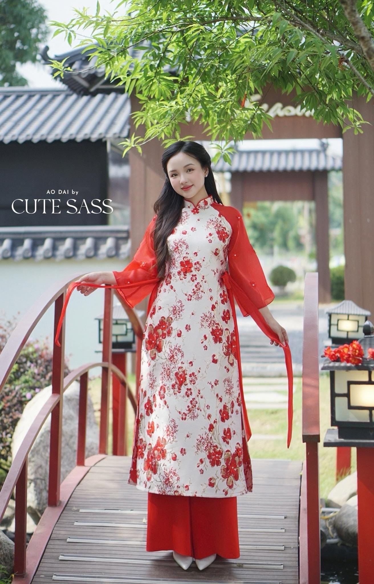 Yen - Red and Gold 3D Flowers Bow Shifted Ao Dai Set 45D|Pre-made Modernized Vietnamese Ao Dai | Lunar New Year| AoDaibyCuteSass