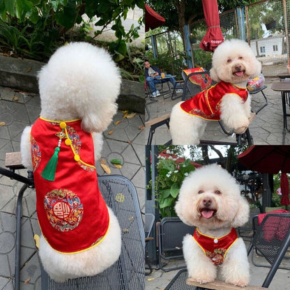 Pet Red Gam Short Sleeves Green Tassel Ao Dai 45A