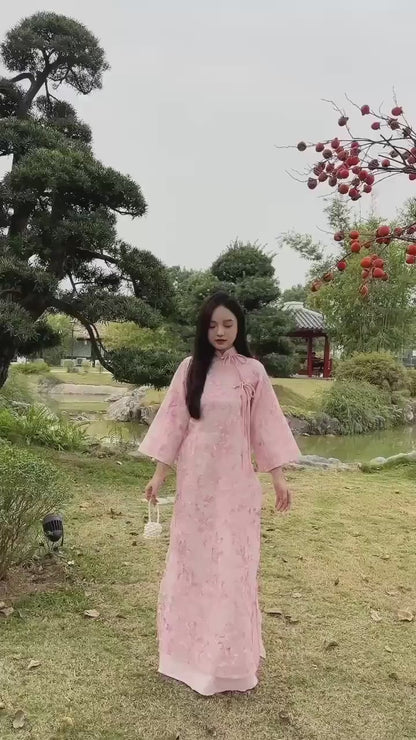 Shifted Pink Embroidery Butterflies Bows Ao Dai Set