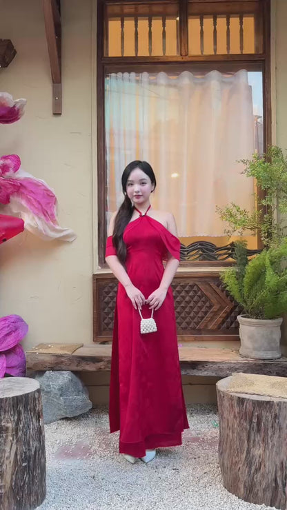 Linh Vy - Hush Red Halter Off Shoulder Wing Sleeve Ao Dai Top Only, No Pants 27C28B