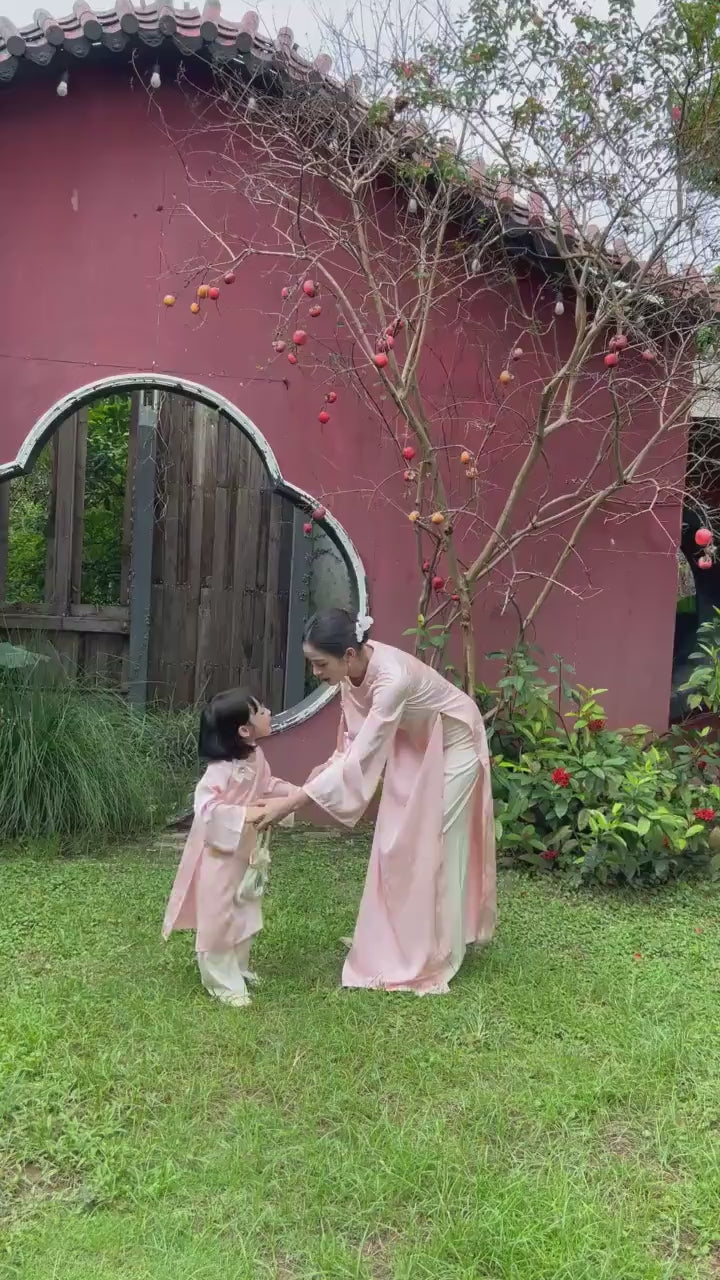 Gia Hòa - Mom and Daughter Pink with Hibiscus Flower Pin Ao Dai Set