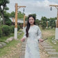 Yen - Silver/Blue Mountain Bows Ao Dai Top Only, No Pants 43A