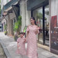 Cat Tuong - Mom and Daughter Pink Bow and Pearls Matching Ao Dai Set FL