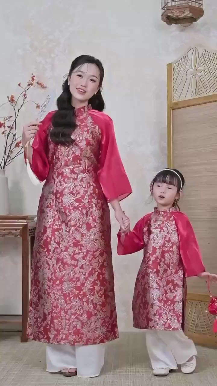 Nhu Y - Mom and Daughter Red/Gold Butterflies Matching Ao Dai Set