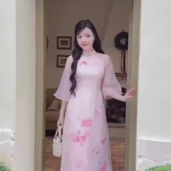 Light Pink 3D Branches Ao Dai Set 26C