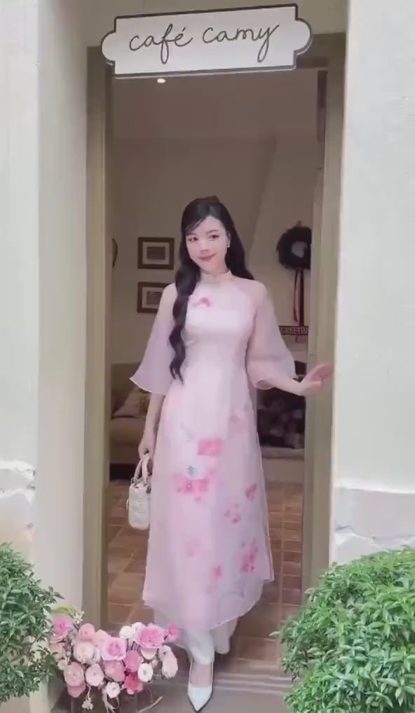 Light Pink 3D Branches Ao Dai Set 26C