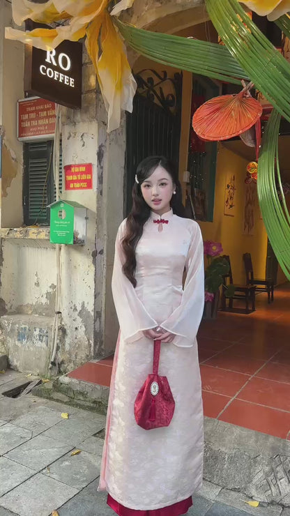 Linh Vy - Mom and Daughter Haze Blush Teardrop Cutout Red Knot Ao Dai Set 17C