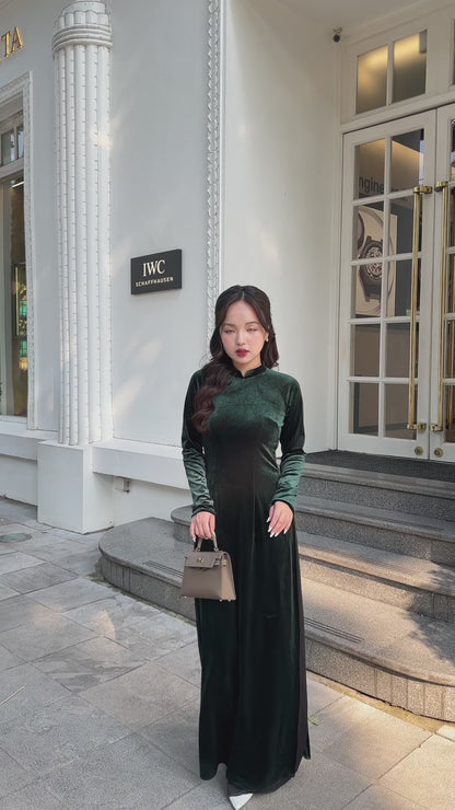 Dark Green Velvet Plain High Collar Ao Dai Top Only, NO PANTS