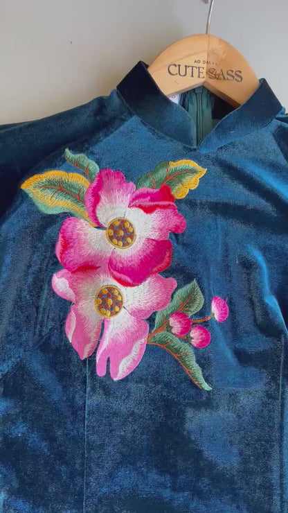 Prussian Blue Embroidery Velvet Ao Dai Top Only, NO PANTS