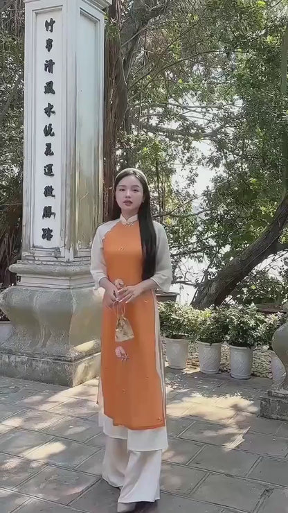 Shifted Orange Dahlia Ao Dai Top Only, NO PANTS