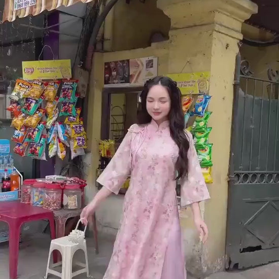 Pink Chiffon Vintage Floral Ao Dai Top Only, NO PANTS