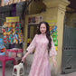 Pink Chiffon Vintage Floral Ao Dai Top Only, NO PANTS