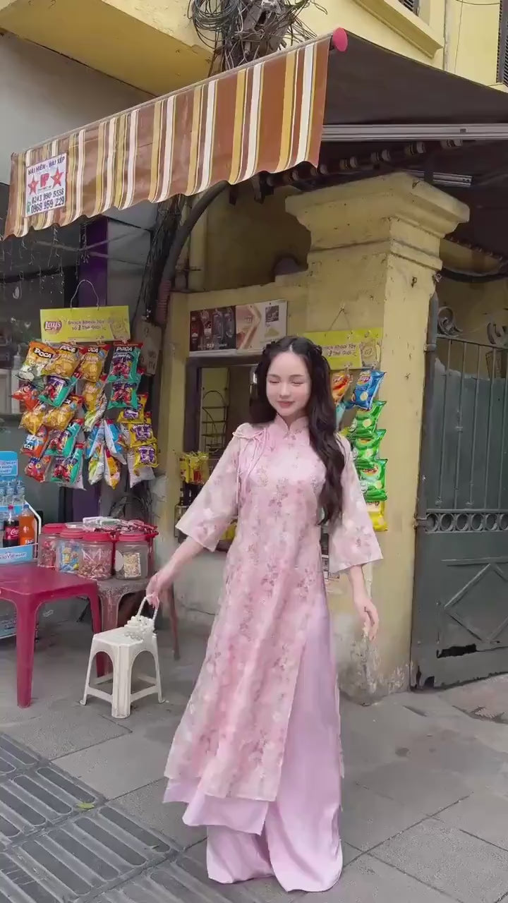 Pink Chiffon Vintage Floral Ao Dai Top Only, NO PANTS