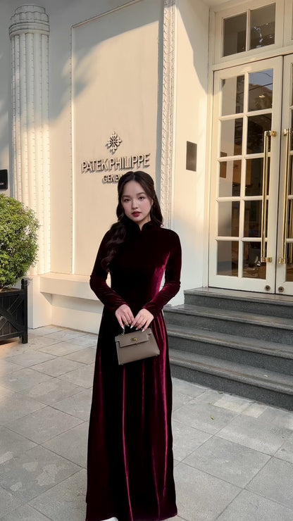 Champagne Red Velvet Plain High Collar Ao Dai Top Only, NO PANTS