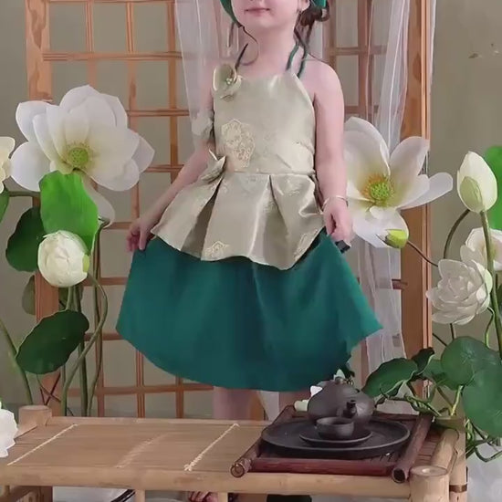 Girl Green Gold 3D Orchid Yem Ao Dai Set with Skirt and Headband