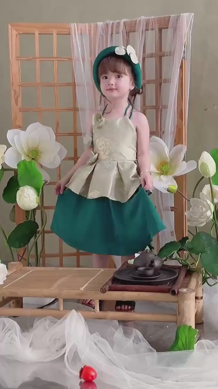 Girl Green Gold 3D Orchid Yem Ao Dai Set with Skirt and Headband